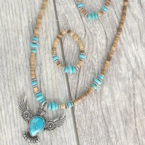 Western Wood Bead Mix Thunderbird Necklace Set